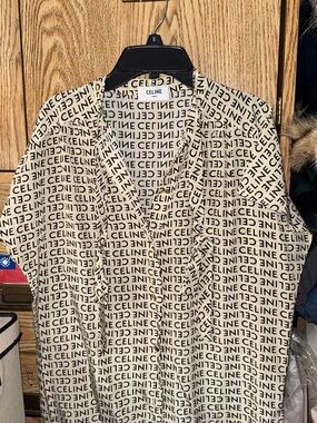 Celine Cream and Black Logo-Print Short Sleeve Button-Down Shirt